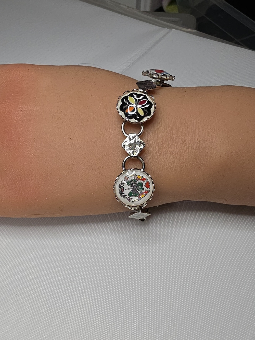 Silver Floral Enamel Link Bracelet - Multicolor